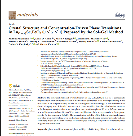 Crystal Structure and Concentration-Driven Phase Transitions in Lu(1−x)ScxFeO3 (0 ≤ x ≤ 1) Prepared by the Sol–Gel Method – Article 52