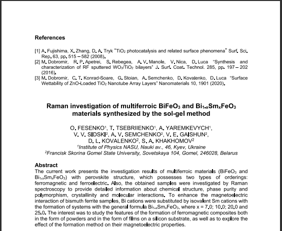 Raman investigation of multiferroic BiFeO3 and Bi1-xSmxFeO3 materials synthesized by the sol-gel method – Article 50
